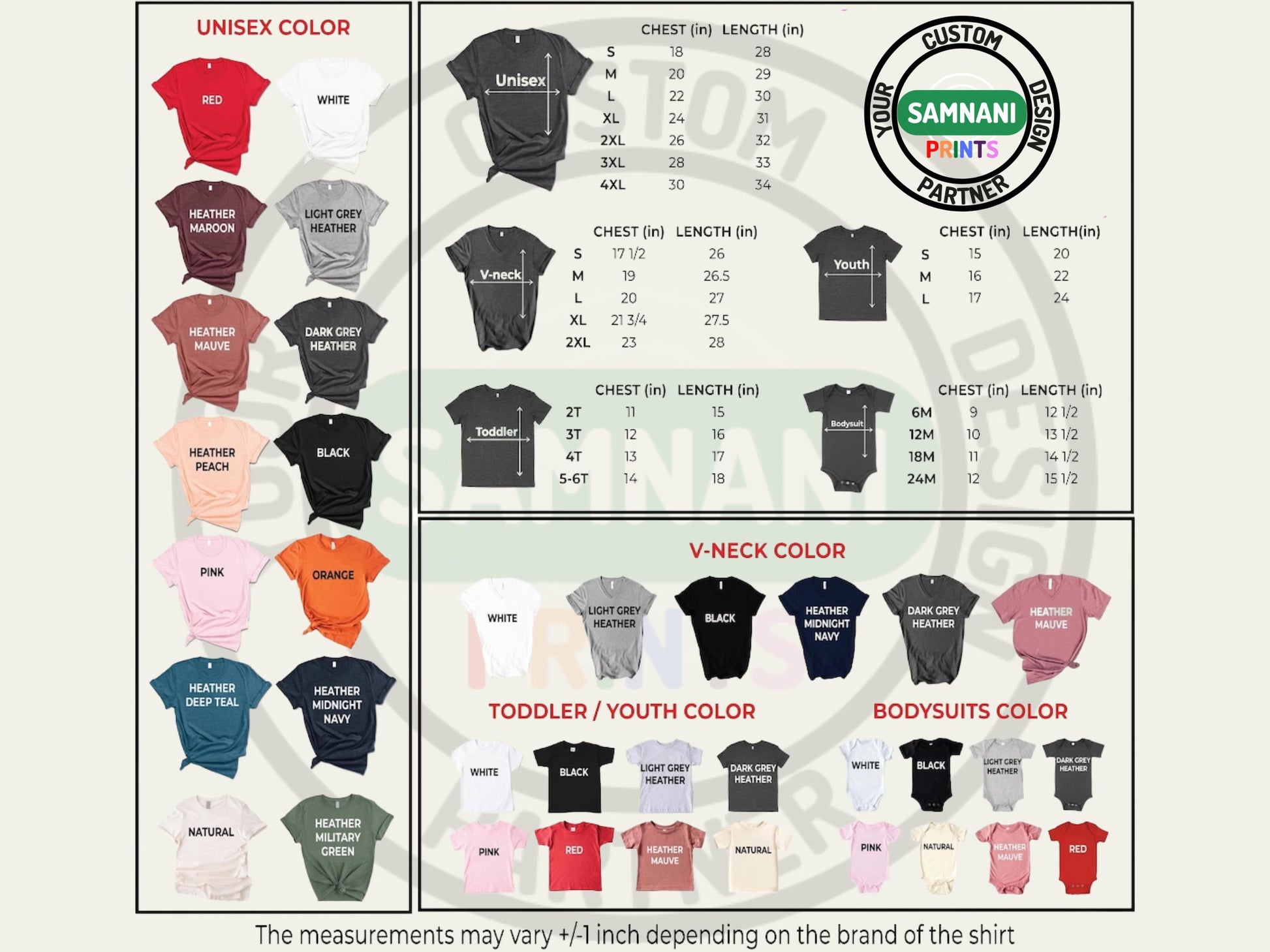 Color chart for shirts with various color options and size measurements.
