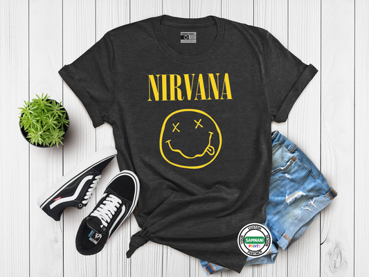 Nirvana Band T-Shirt, Smiley Face Grunge Rock Tee, Vintage 90s Aesthetic Shirt, Unisex Music Lover Gift, Alternative Rock Graphic Tee