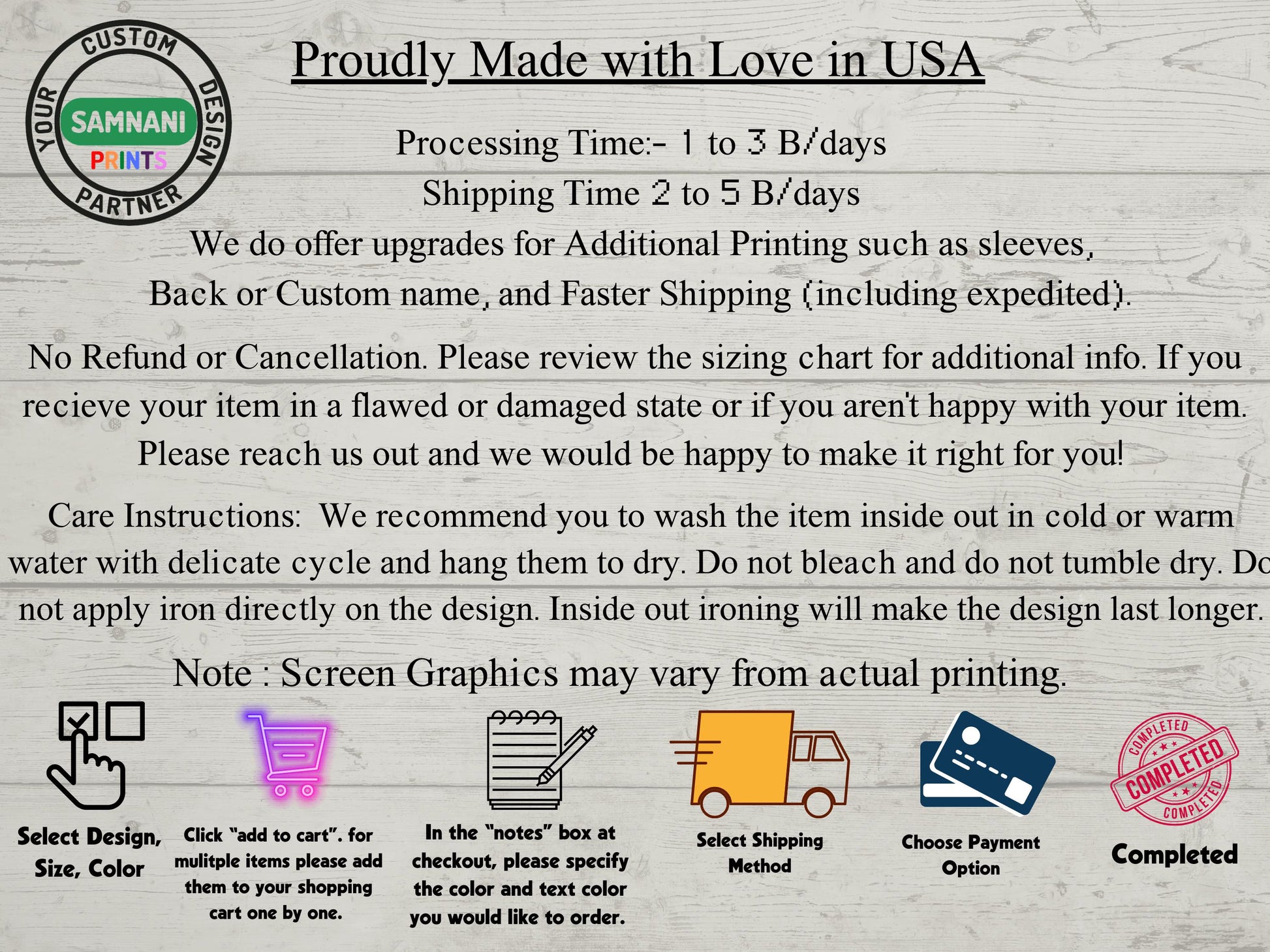 Text-based promotional graphic for a custom printing service with contact information and care instructions.