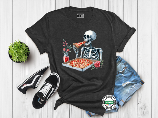 Charcoal black t-shirt with white skeleton enjoying a heart-shaped pizza, styled with Vans shoes and shorts, perfect for Halloween events, horror fans, or pizza lovers with an edgy sense of humor.
