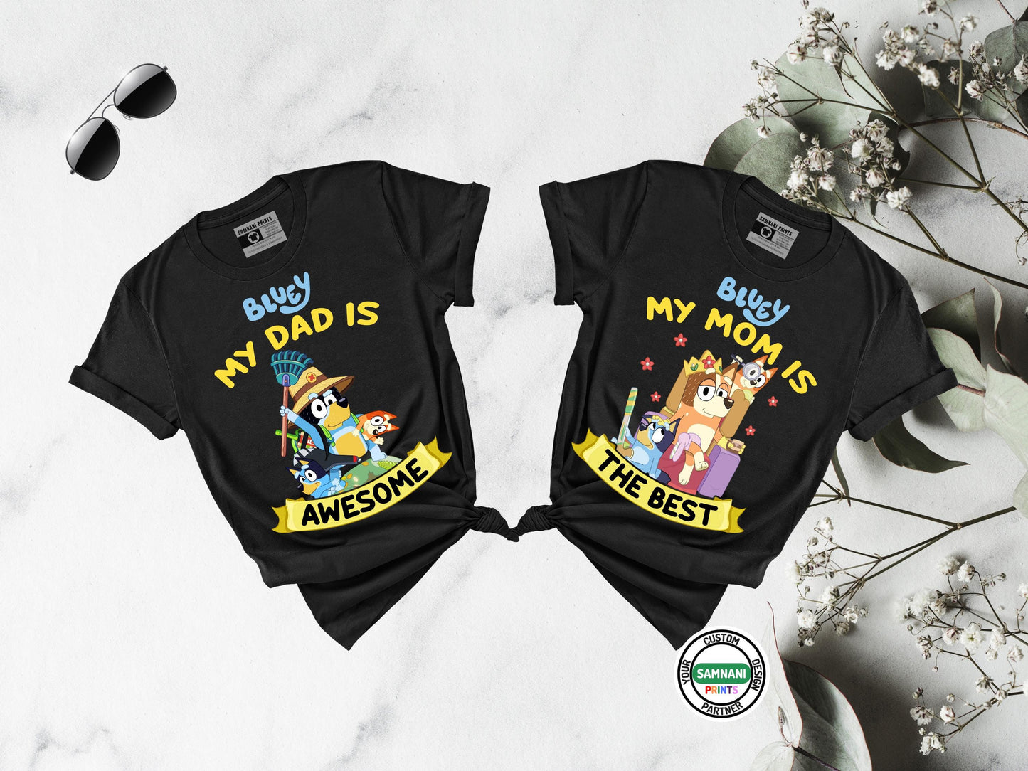 Bluey Mom and Dad T-Shirt Bluey Parents Matching Shirts Bandit Chilli Tee Family Cartoon T-Shirt Gift for Bluey Fans Cute Bluey Shirt