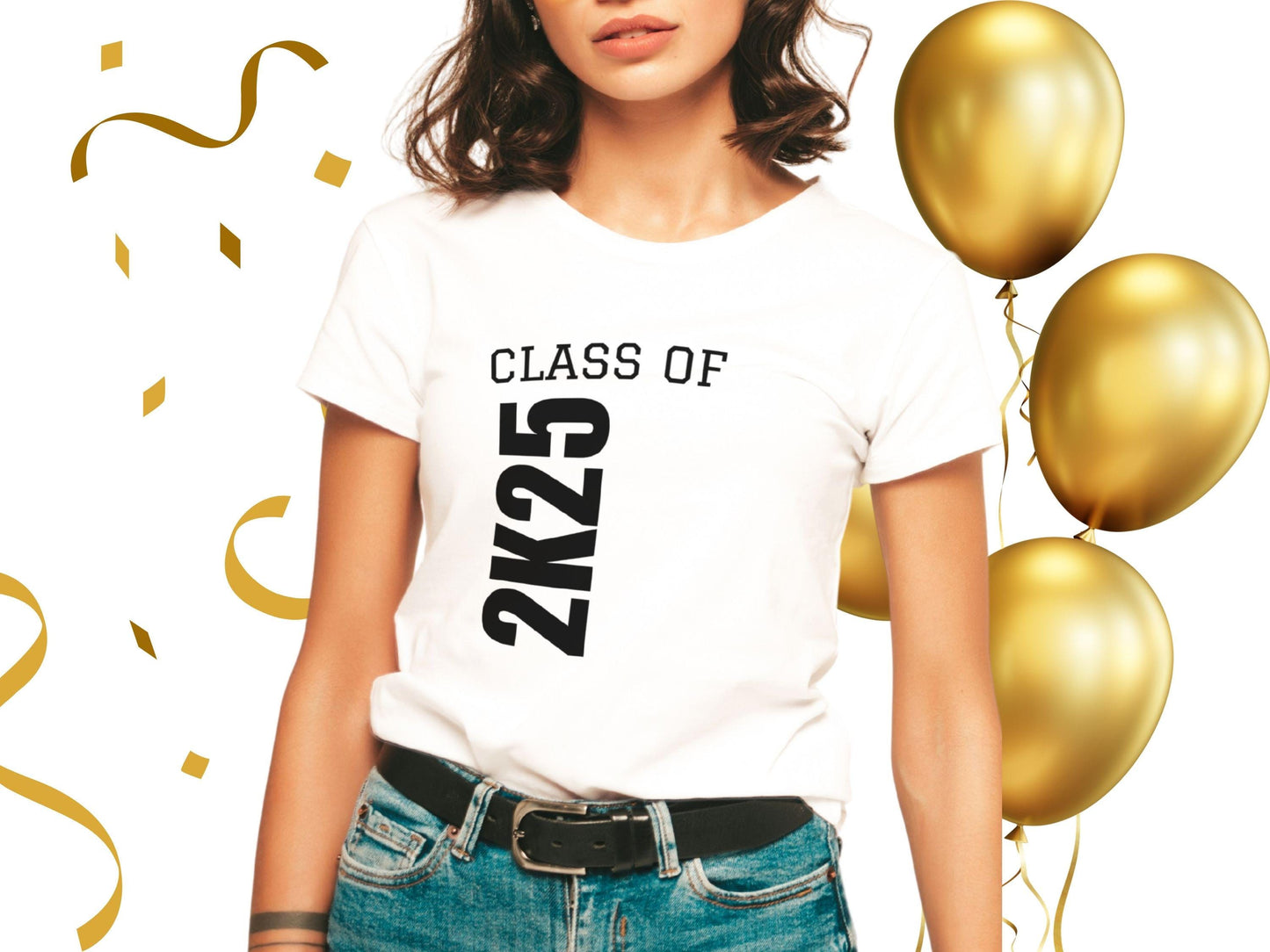White T-shirt featuring bold ;Class of 2K25; text in a stylish, modern font. The shirt is made from soft, breathable fabric and is perfect for celebrating graduation year 2025. Available in various sizes for both men and women. A must-have keepsake for graduates and their supporters.
