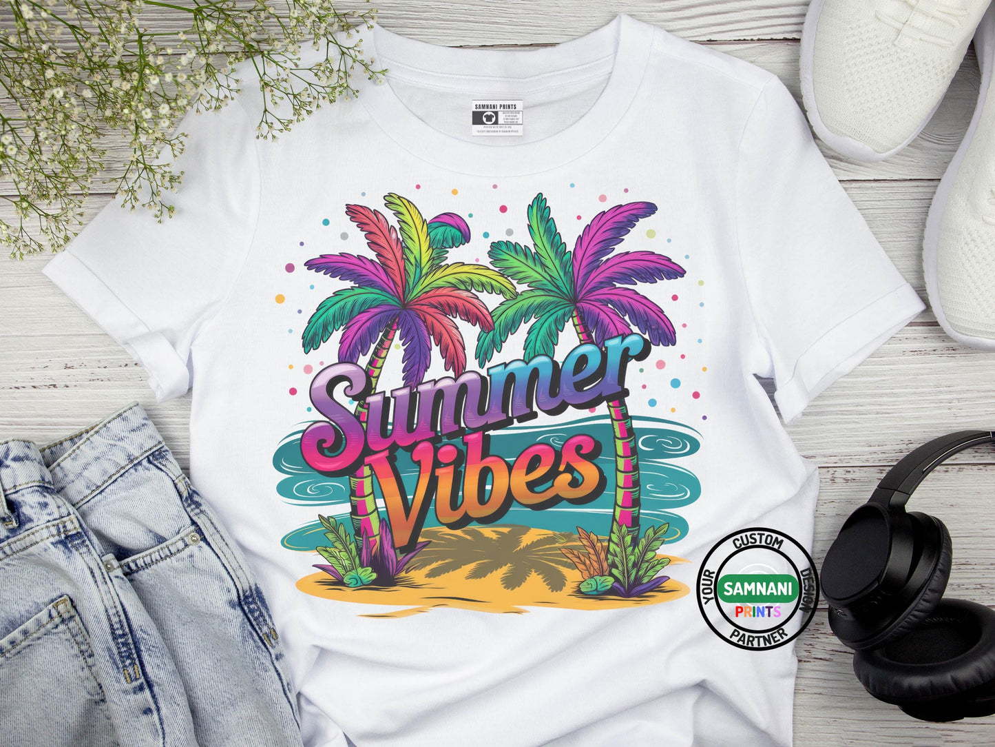 Bright Summer Vibes T-Shirt with Neon Palm Trees, Colorful Tropical Beach Graphic Tee, Fun Vacation Shirt for Women and Teens, Family Vacay