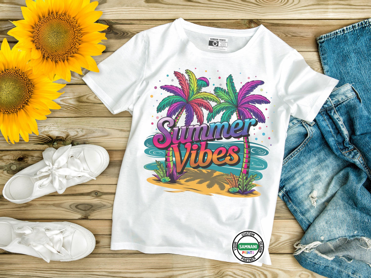A flat lay white t-shirt with a colorful “Summer Vibes” design featuring neon palm trees, waves, and a tropical island background. Styled with denim jeans, white shoes, and sunflowers. Summer Vibes T-shirt, summer outfit, gift for her, bachelorette matching shirts, birthday gift, gift for birthday, cruise t-shirt, family cruise matching t-shirts, matching family t-shirts, gift for him, gift for mom, mother's day gift, gift for mother.