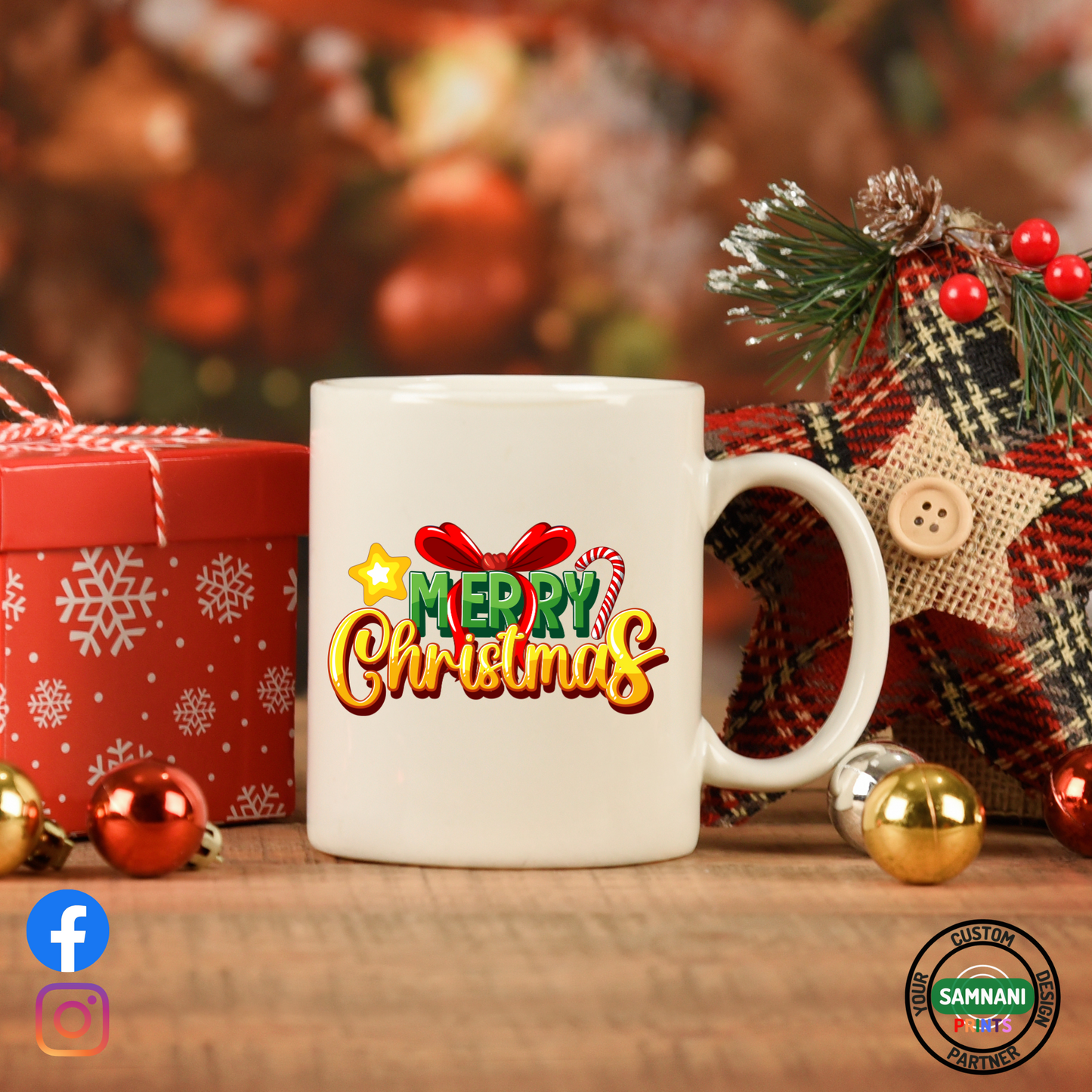 Christmas Mugs with Gold Letter, Bow tie and Candy 11oz Ceramic Mug, Christmas Gift