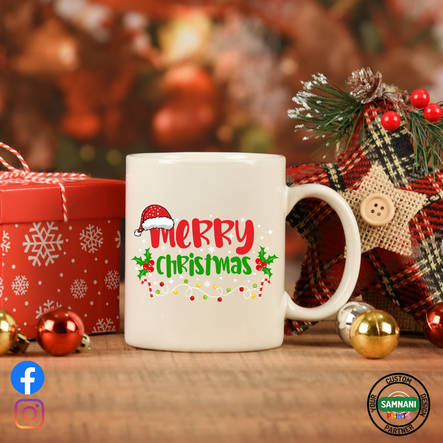 Merry Christmas Mugs Red & green with Santa Hat 11oz Ceramic Mug, Christmas Gift