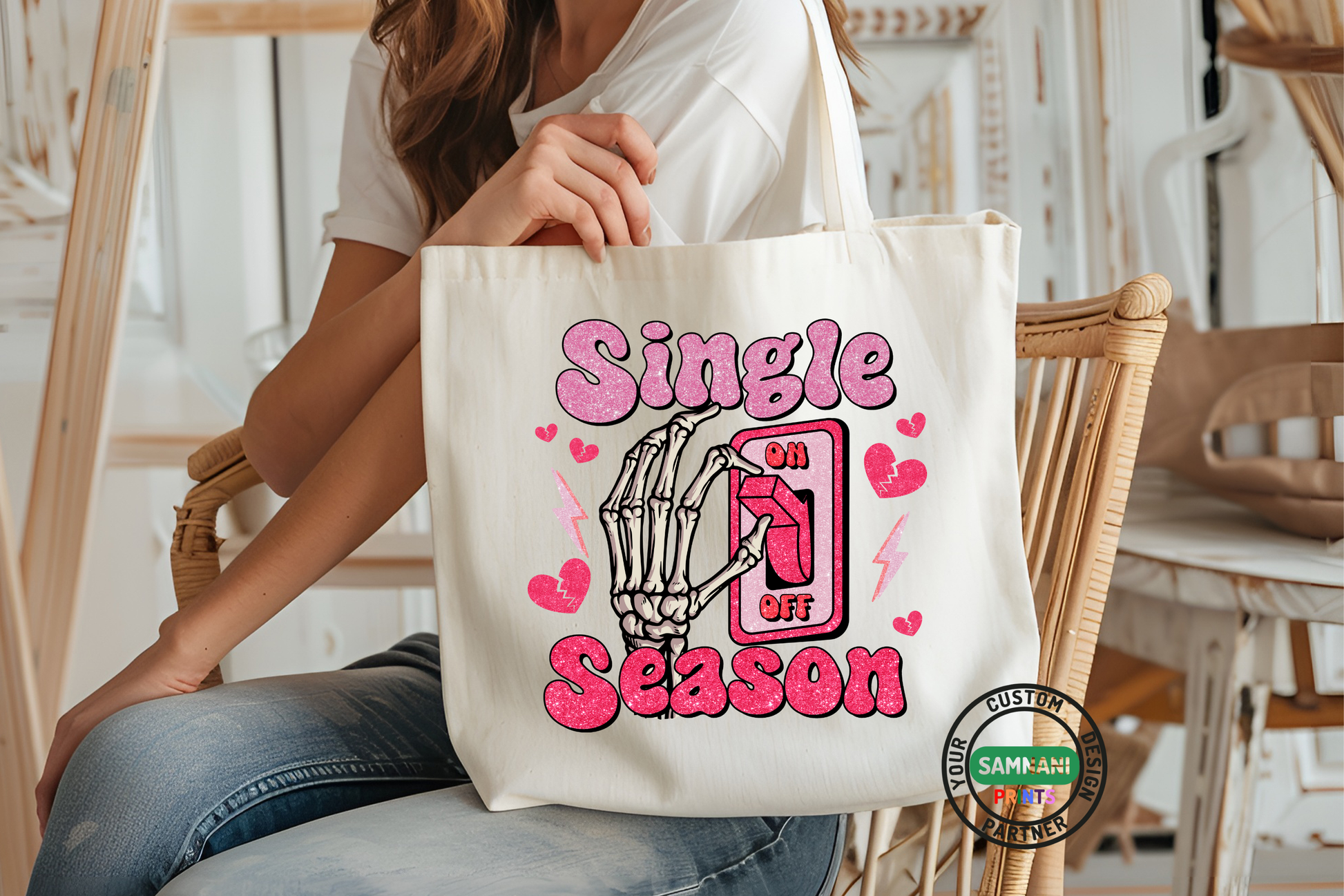 Trendy humor tote bag featuring single season slogan and bold artwork