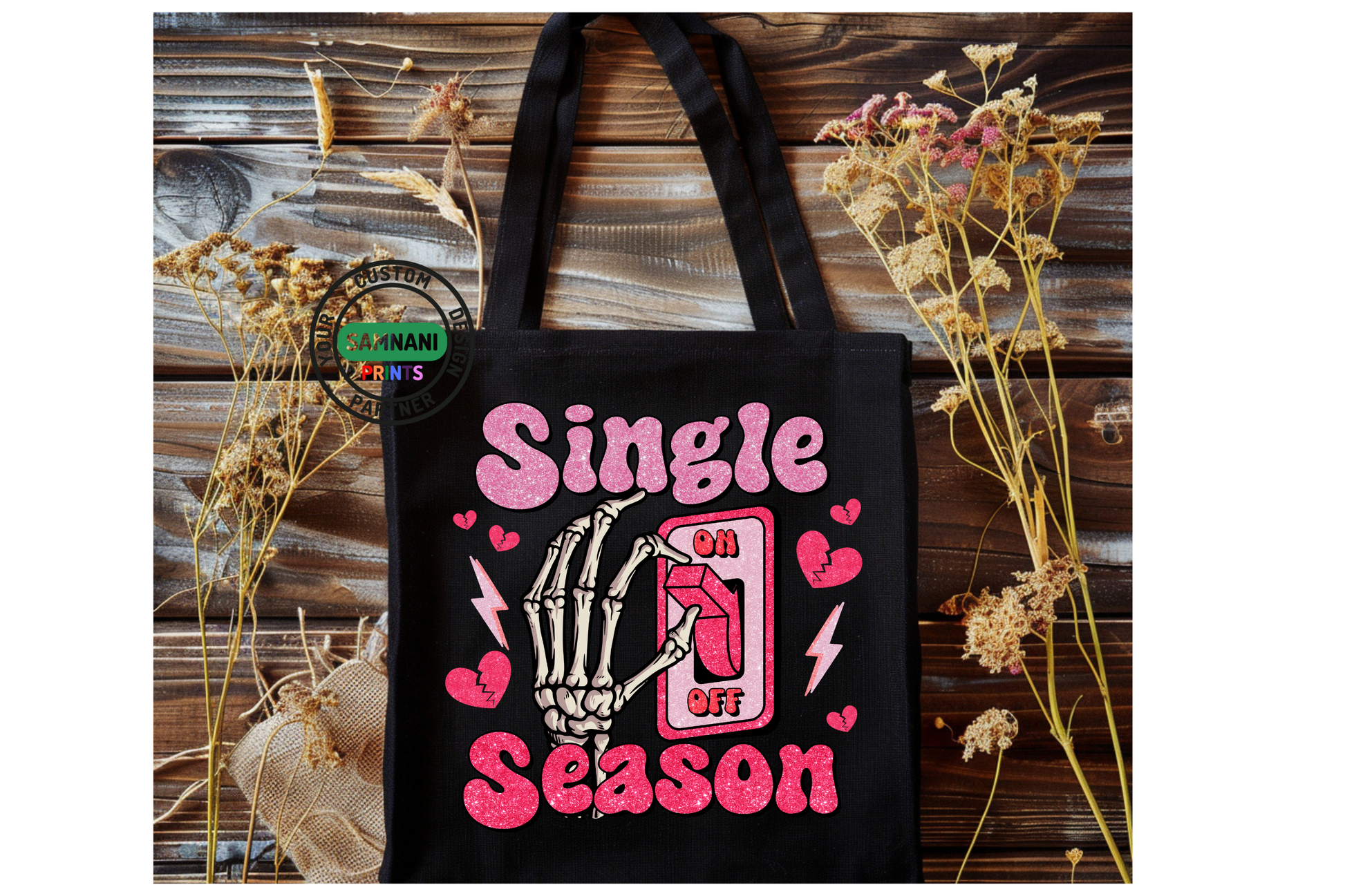Reusable canvas tote bag with witty single season themed illustration