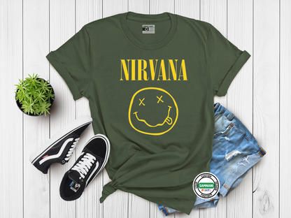 Nirvana Band T-Shirt, Smiley Face Grunge Rock Tee, Vintage 90s Aesthetic Shirt, Unisex Music Lover Gift, Alternative Rock Graphic Tee