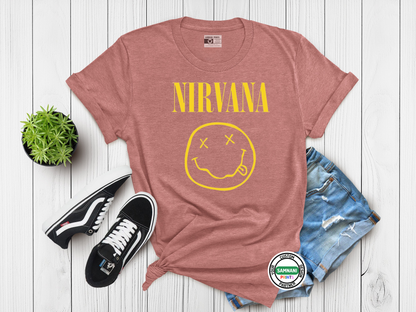 Nirvana Band T-Shirt, Smiley Face Grunge Rock Tee, Vintage 90s Aesthetic Shirt, Unisex Music Lover Gift, Alternative Rock Graphic Tee