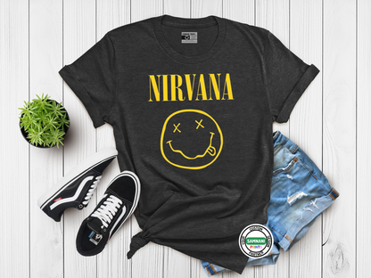 Nirvana Band T-Shirt, Smiley Face Grunge Rock Tee, Vintage 90s Aesthetic Shirt, Unisex Music Lover Gift, Alternative Rock Graphic Tee