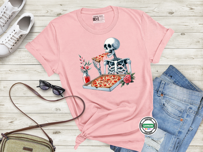 Skeleton Eating Pizza Shirt, Funny Pizza Lover Tee, Halloween Skeleton Graphic T-Shirt, Unisex Goth Pizza Shirt, Dark Foodie Gift Tee, Pizza