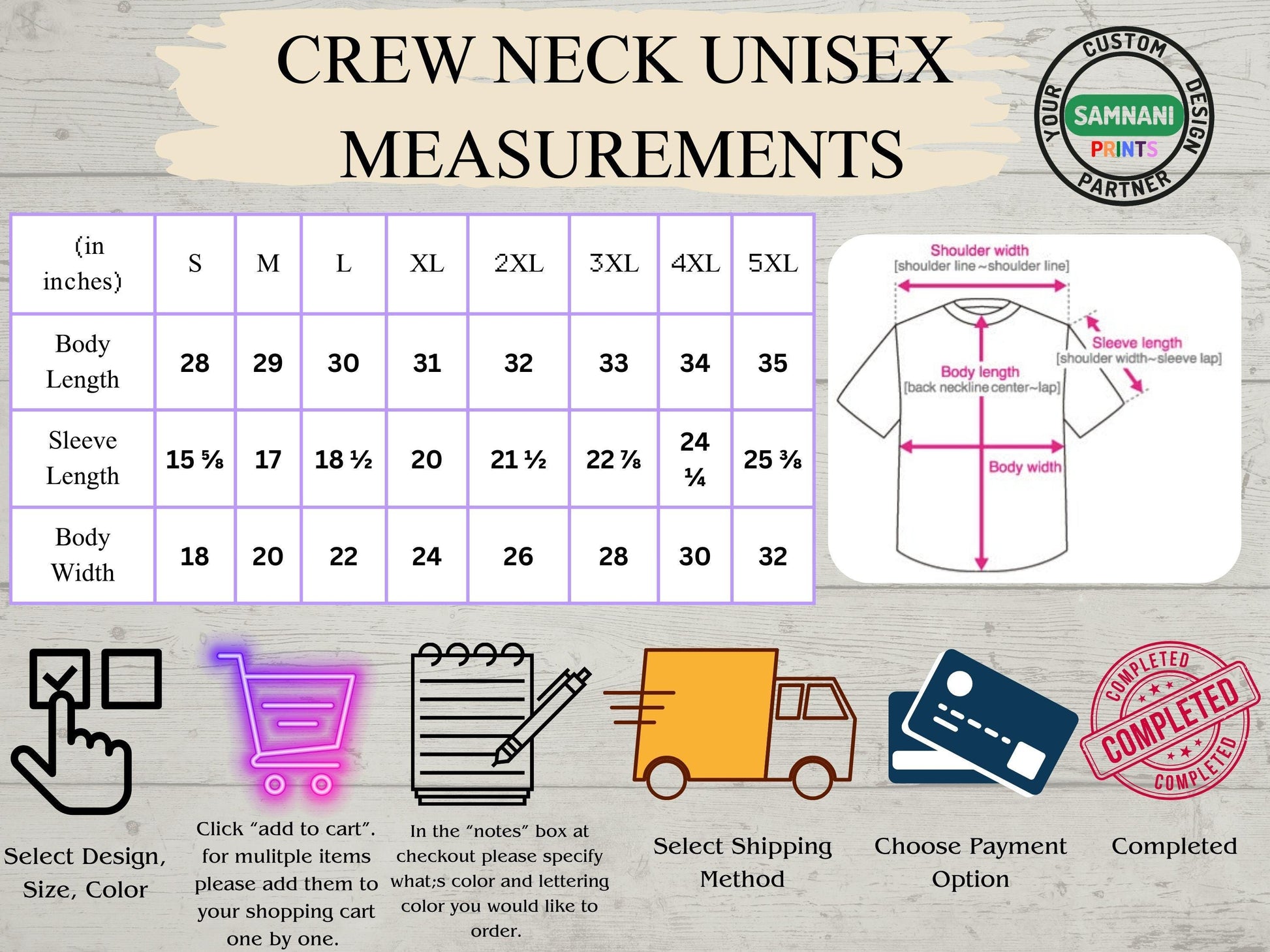 Size chart image providing measurements to help you choose the right fit for your order of T-shirt. Includes chest width, length, and size comparisons for accurate ordering. Sizes are true to its type.
