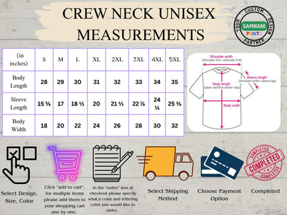 Size chart image providing measurements to help you choose the right fit for your order of T-shirt. Includes chest width, length, and size comparisons for accurate ordering. Sizes are true to its type.