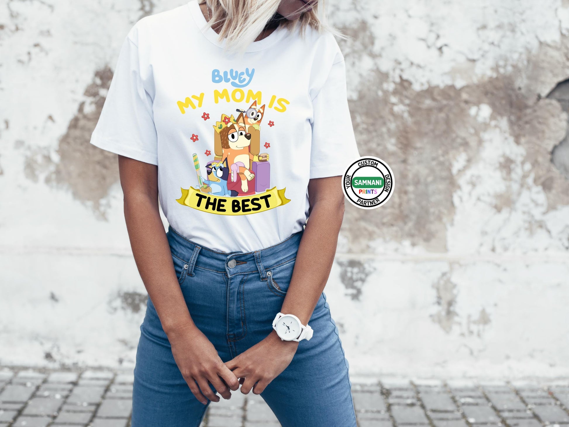 Funny Bluey Mom Graphic T-Shirt for Women – This adorable Bluey mom shirt features Chilli relaxing with Bluey and Bingo and the phrase &quot;My Mom Is The Best.&quot; Perfect for everyday wear, special occasions, or as a thoughtful gift for Bluey-loving moms, this comfortable and breathable t-shirt is great for family gatherings, Bluey-themed parties, or matching with Bluey-loving kids. A must-have Bluey gift idea for any stylish mom.