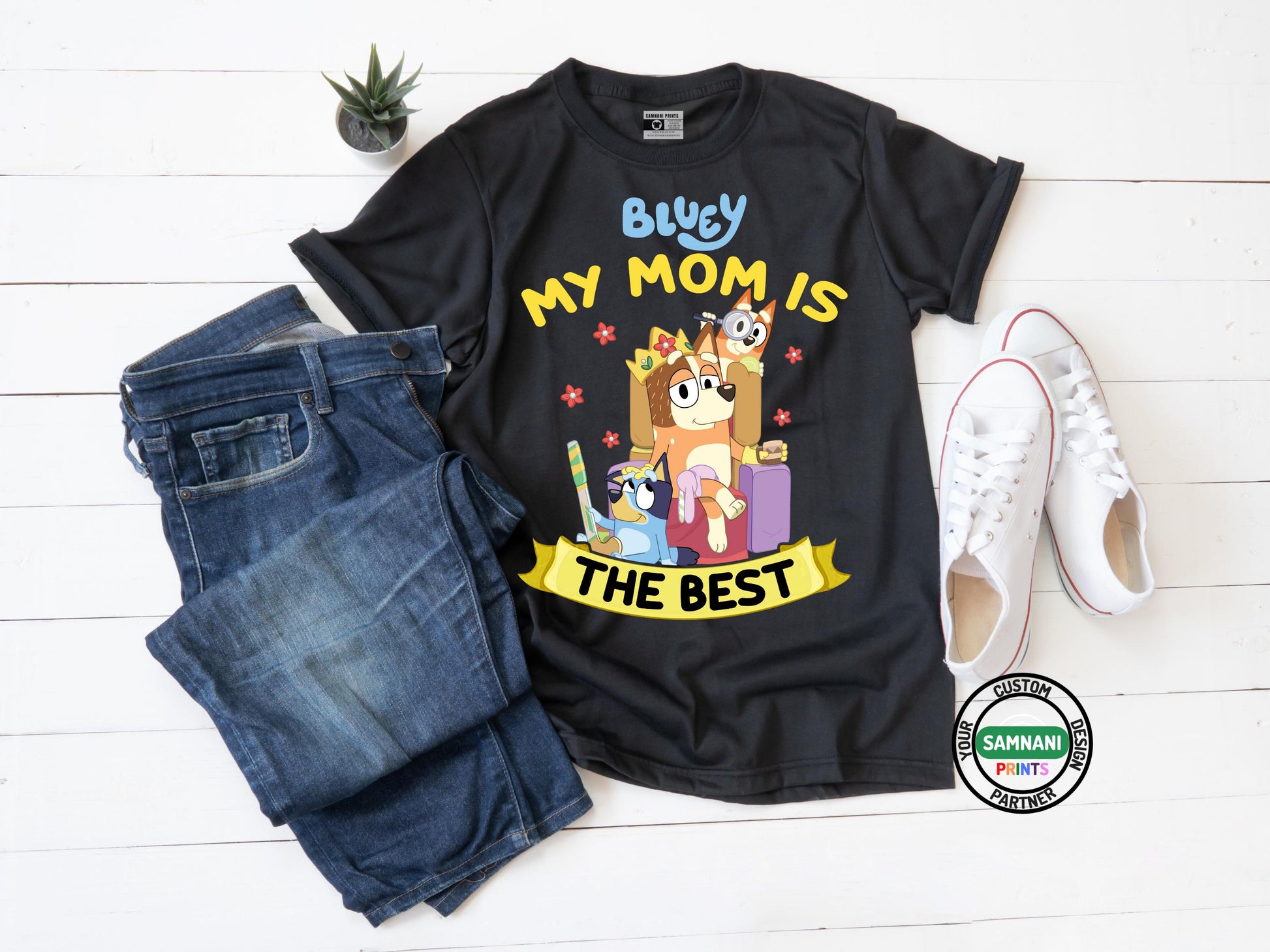 Gift-ready Bluey-themed t-shirts, ideal for birthdays or special occasions.