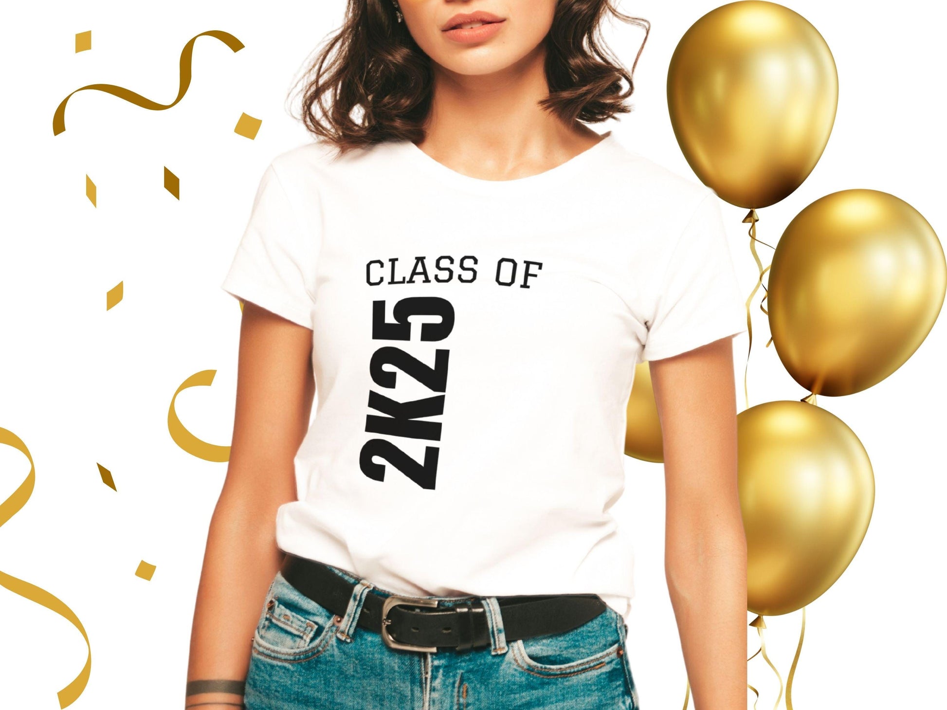 White T-shirt featuring bold ;Class of 2K25; text in a stylish, modern font. The shirt is made from soft, breathable fabric and is perfect for celebrating graduation year 2025. Available in various sizes for both men and women. A must-have keepsake for graduates and their supporters.