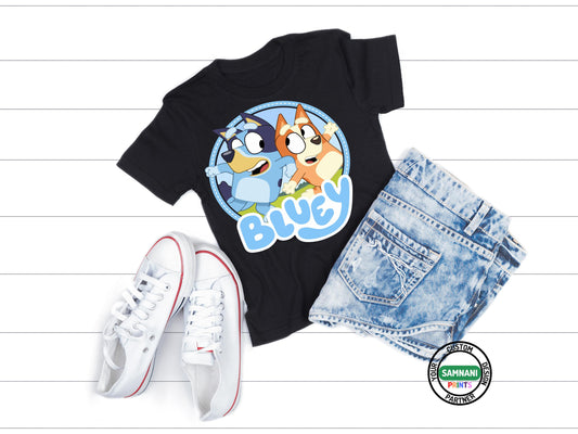 Adorable Bluey-themed kids&#39; t-shirt featuring a fun and colorful design. Perfect for little fans of the popular cartoon series. Made with soft, high-quality fabric, this comfy toddler and kids&#39; tee is great for birthdays, playdates, or everyday wear. A fun gift idea for any Bluey-loving child! Bluey and Bingo