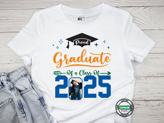 White “Proud Graduate Class of 2025” t-shirt with colorful design, graduation cap graphic, and personalized photo inside the number zero. Graduation gift