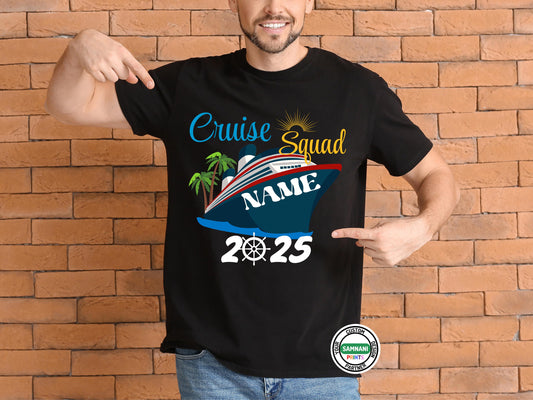 Man wearing a black t-shirt with a vibrant cruise-themed design featuring a cruise ship, palm trees, sun, and the words “Cruise Squad NAME 2025” in colorful lettering. Custom Cruise Squad Shirt 2025, Personalized Cruise Vacation T-Shirt, Matching Group Trip Tee, Family cruise matching t-shirts.