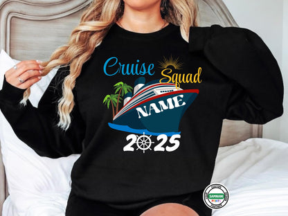 Women wearing a black sweatshirt with a vibrant cruise-themed design featuring a cruise ship, palm trees, sun, and the words “Cruise Squad NAME 2025” in colorful lettering. Family cruise vacation t-shirts, tropical vacation, island vacation t shirt, disney cruise, kids cruise matching t-shirts. Tropical Cruise Squad Shirt 2025, Custom Group Trip Tee, Vacation Shirt with Name. Family Cruise Shirts 2025, Cruise Squad Custom Tee, Group Matching Vacation Shirt