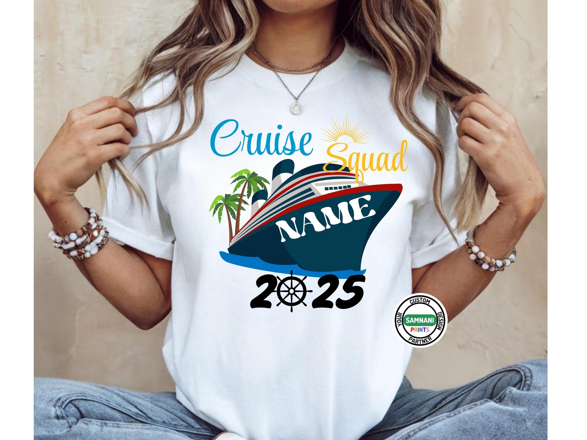 Woman wearing a white t-shirt with a vibrant cruise-themed design featuring a cruise ship, palm trees, sun, and the words “Cruise Squad NAME 2025” in colorful lettering. Cruise Squad T-Shirt with Name, 2025 Group Cruise Shirt, Custom Nautical Vacation Shirt. Family cruise vacation t-shirts, tropical vacation, island vacation t shirt, disney cruise, kids cruise matching t-shirts.