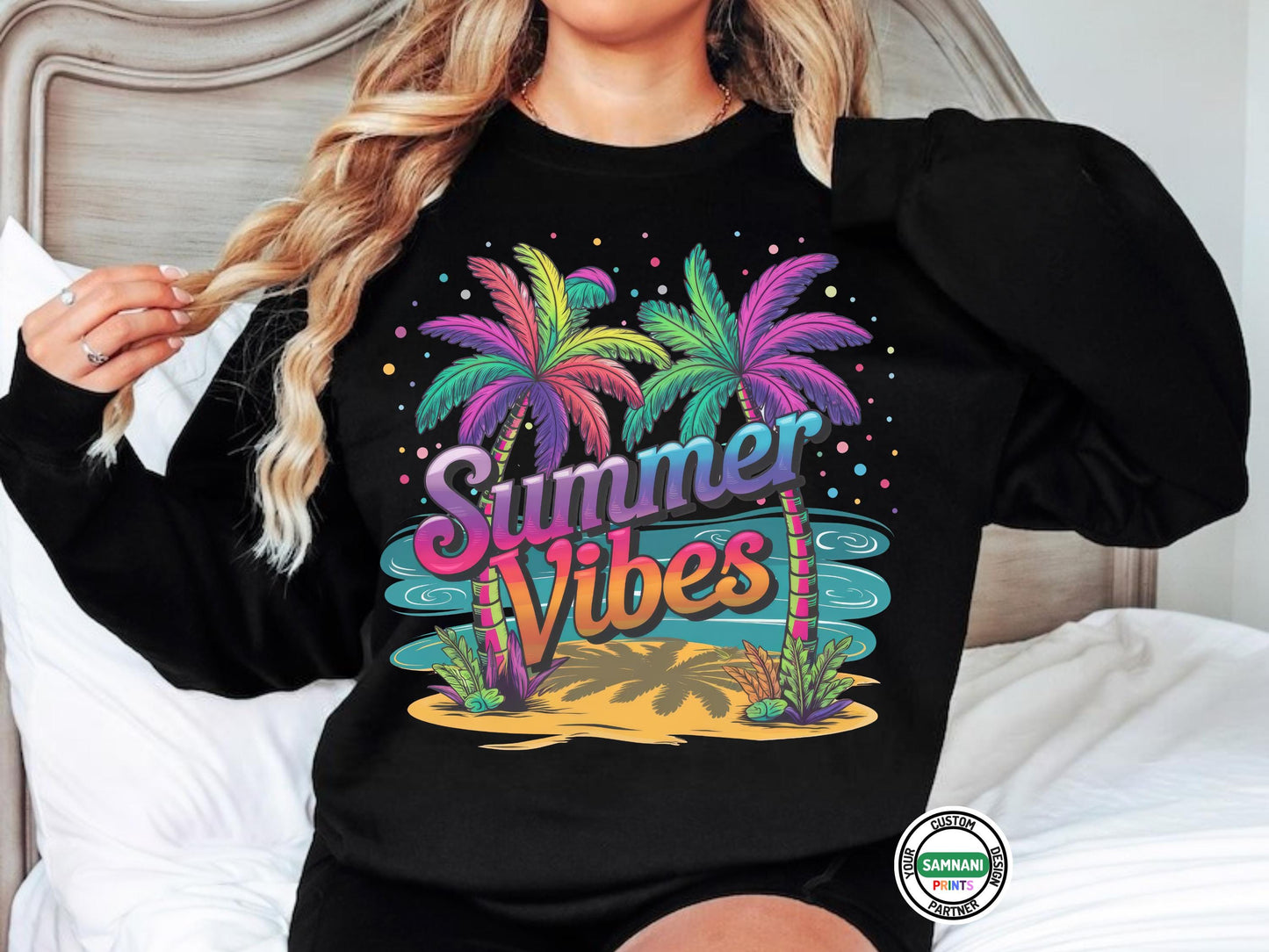 Bright Summer Vibes T-Shirt with Neon Palm Trees, Colorful Tropical Beach Graphic Tee, Fun Vacation Shirt for Women and Teens, Family Vacay