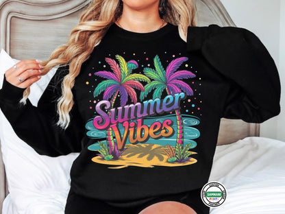 Bright Summer Vibes T-Shirt with Neon Palm Trees, Colorful Tropical Beach Graphic Tee, Fun Vacation Shirt for Women and Teens, Family Vacay