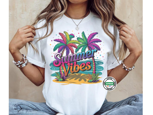 Woman wearing a white t-shirt with a colorful “Summer Vibes” design featuring neon palm trees, waves, and a tropical island background sitting in front of a neutral background. Summer Vibes T-shirt, summer outfit, gift for her, bachelorette matching shirts, birthday gift, gift for birthday, cruise t-shirt, family cruise matching t-shirts, matching family t-shirts, gift for him, gift for mom, mother&#39;s day gift, gift for mother.