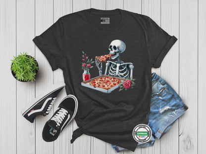 Skeleton Eating Pizza Shirt, Funny Pizza Lover Tee, Halloween Skeleton Graphic T-Shirt, Unisex Goth Pizza Shirt, Dark Foodie Gift Tee, Pizza